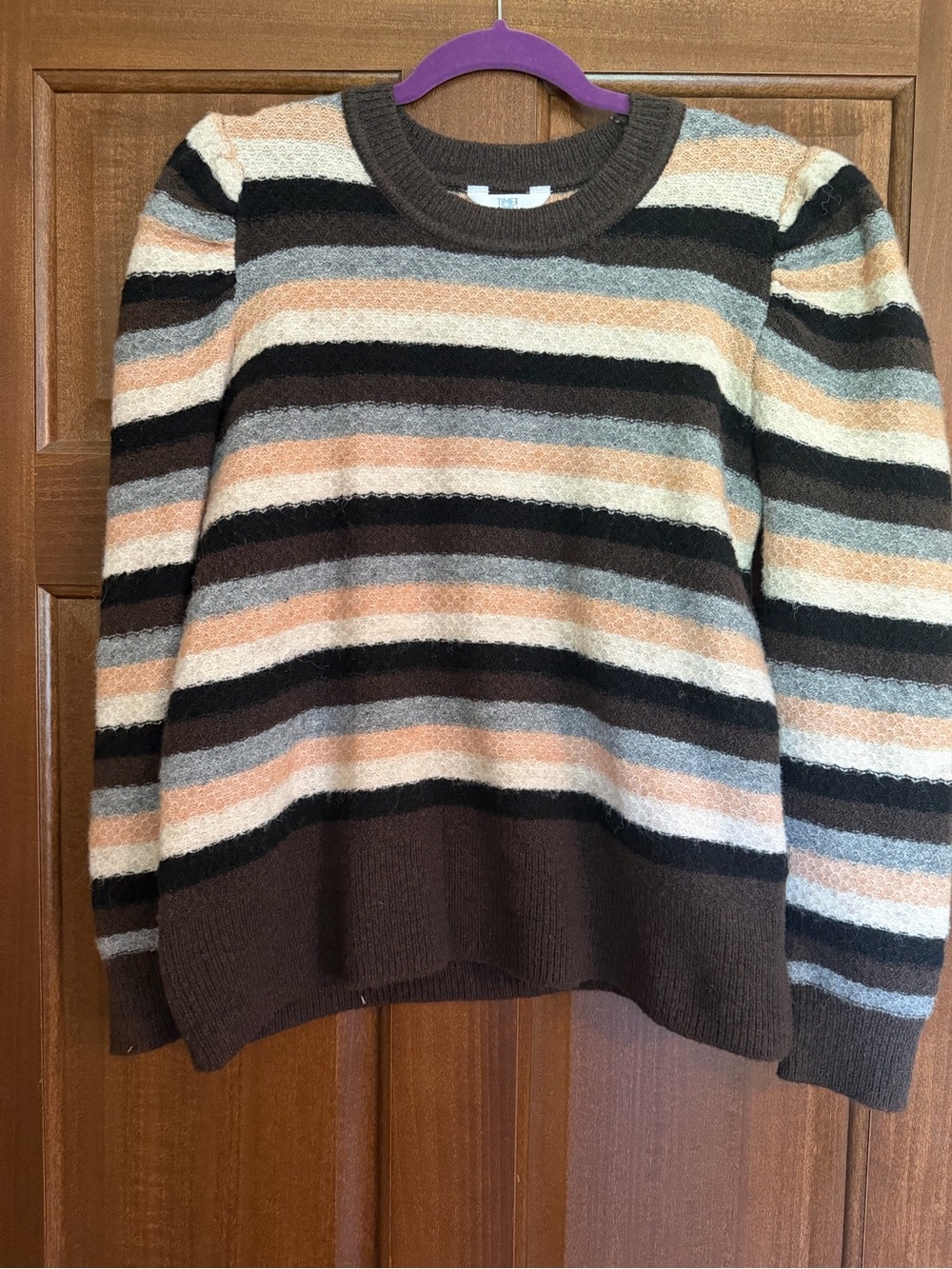 Time and Tru Brown, Cream, Gray & Peach Striped Crewneck Sweater